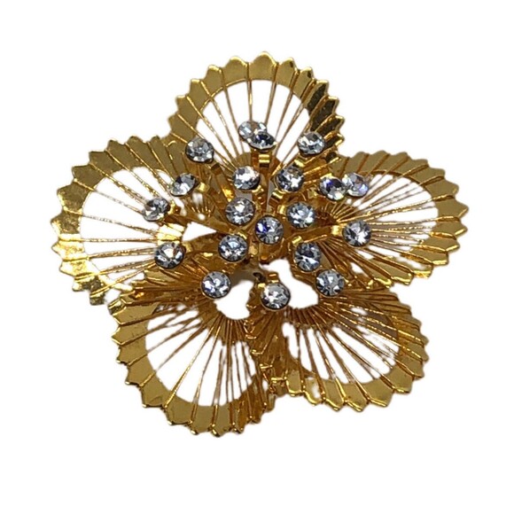 Monet Brooch Goldtone Flower W/ Rhinestones Vintage 1.5 Inch Pin Back Signed - Picture 1 of 5